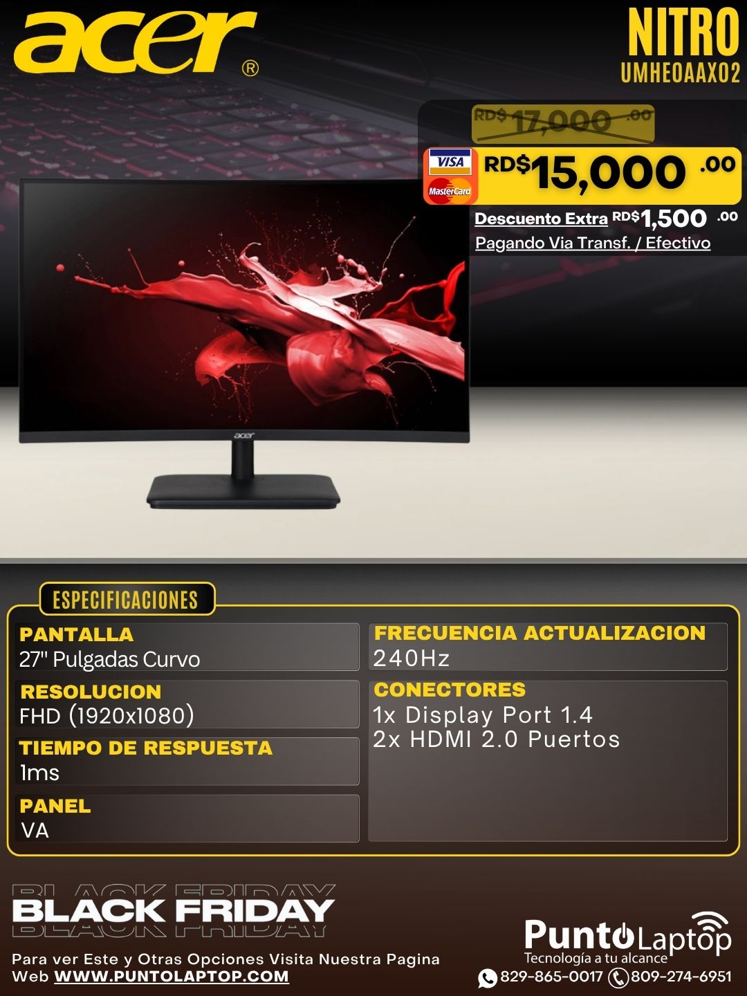 Acer Nitro 27" Curvo Monitor FullHD 1920x1080 240Hz 250Nit HDMI DisplayPort