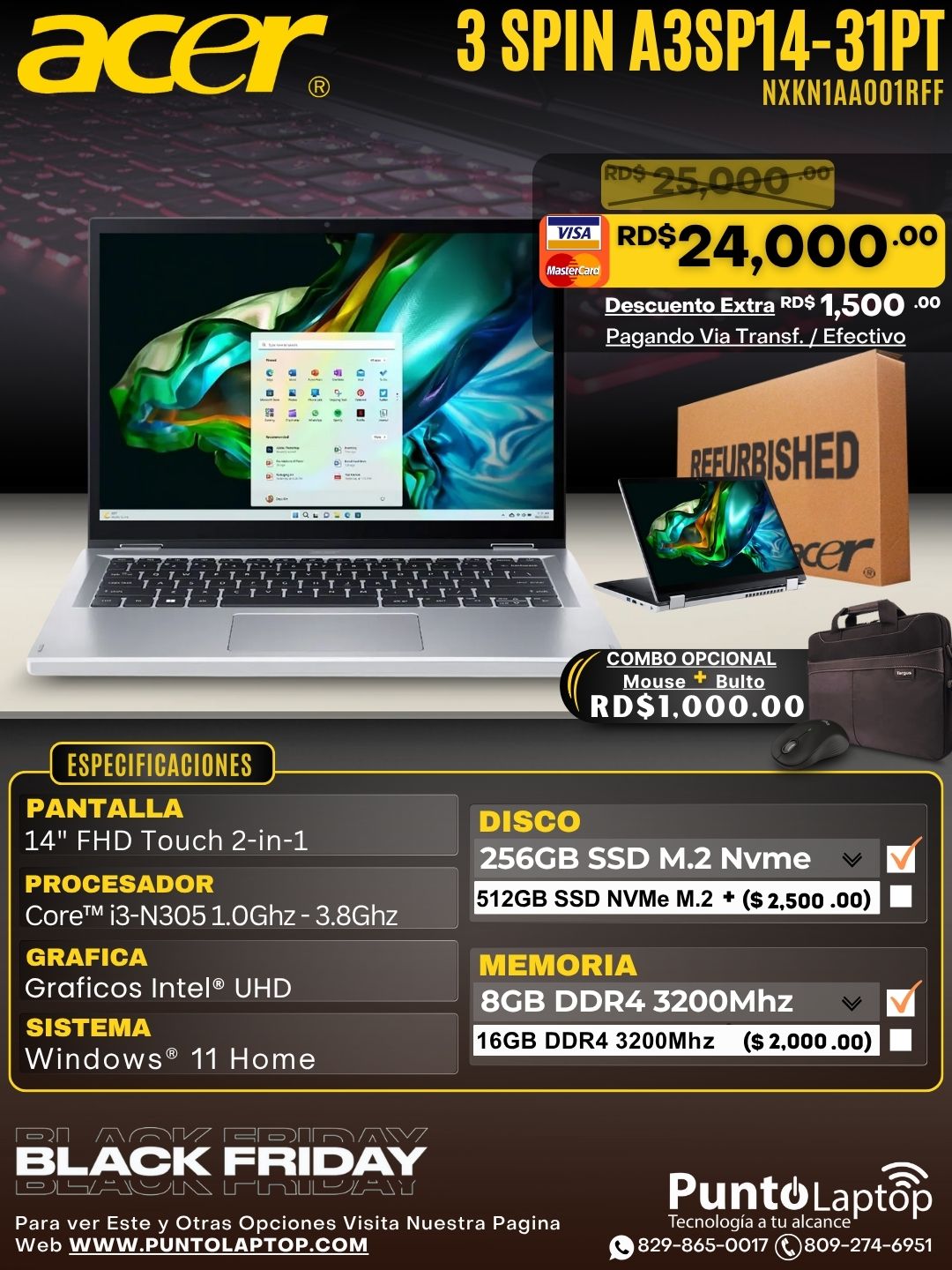 ❞𝐑𝐞𝐟𝐮𝐫𝐛𝐢𝐬𝐡𝐞𝐝❞ Acer 3 SPIN A3SP14-31PT-32M6 2-IN-1 14" FHD Touch Core™ i3-N305 256GB SSD 8GB W11 S PURE SILVER
