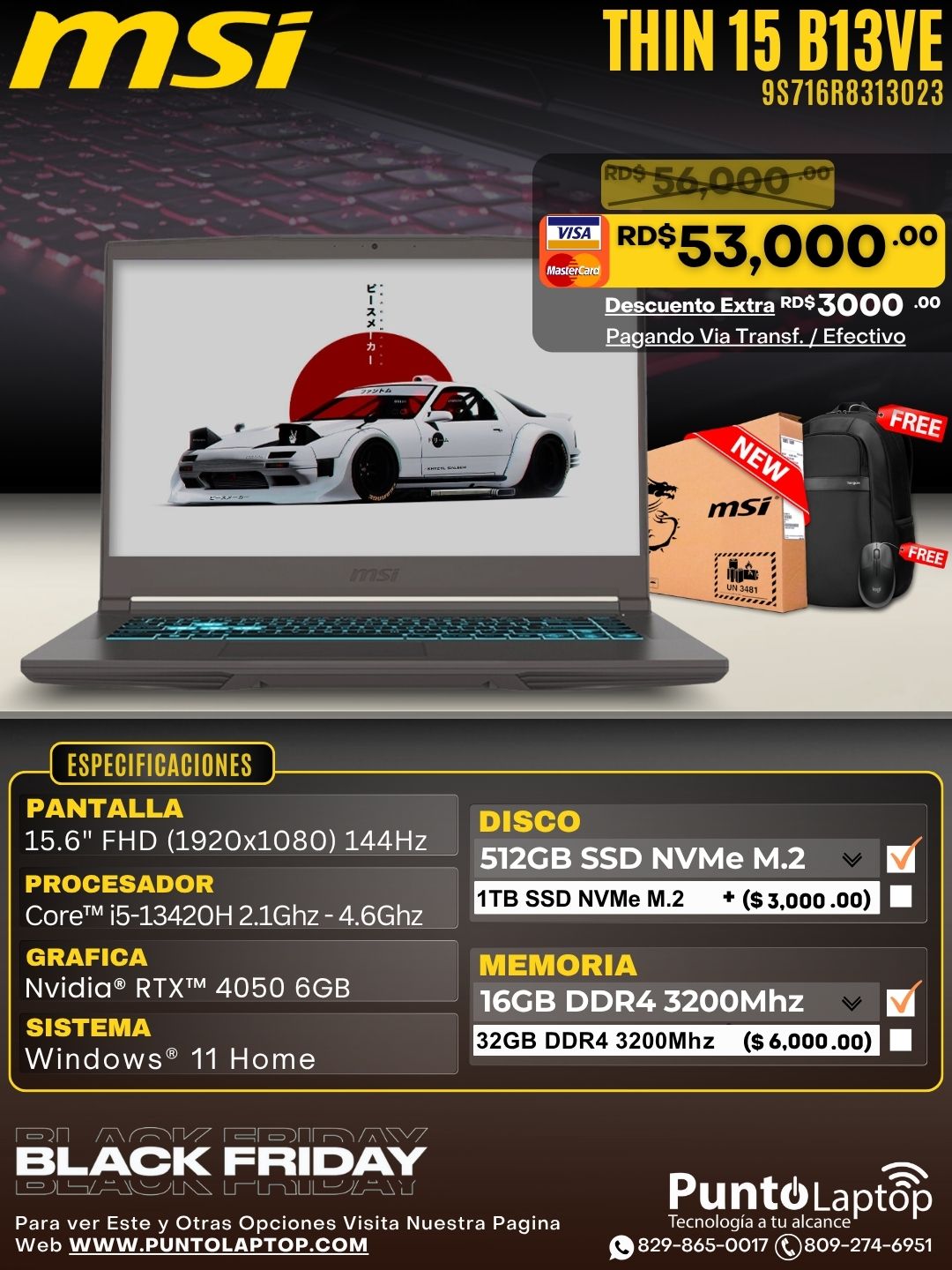 MSI THIN 15 B13VE 15.6" FHD 144Hz Core™ i5-13420H 512GB SSD 16GB W11 NVIDIA® RTX 4050 6GB BLACK