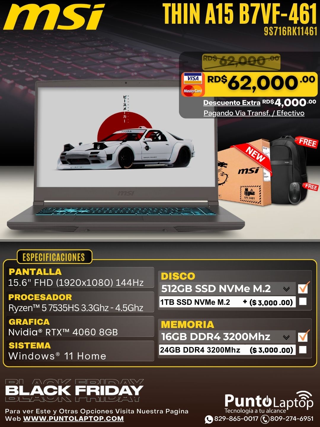 MSI THIN A15 B7VF-461 15.6" FHD 144Hz IPS Ryzen™ 5 7535HS 512GB SSD 16GB W11 NVIDIA® RTX 4060 8GB GRAY