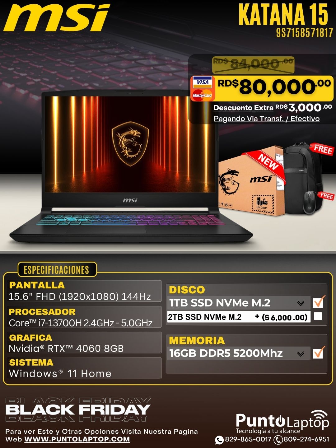 MSI KATANA 15 15.6" FHD 144Hz IPS Core™ i7-13620H 1TB SSD 16GB W11 RTX 4060 8GB BLACK RGB Bcklt
