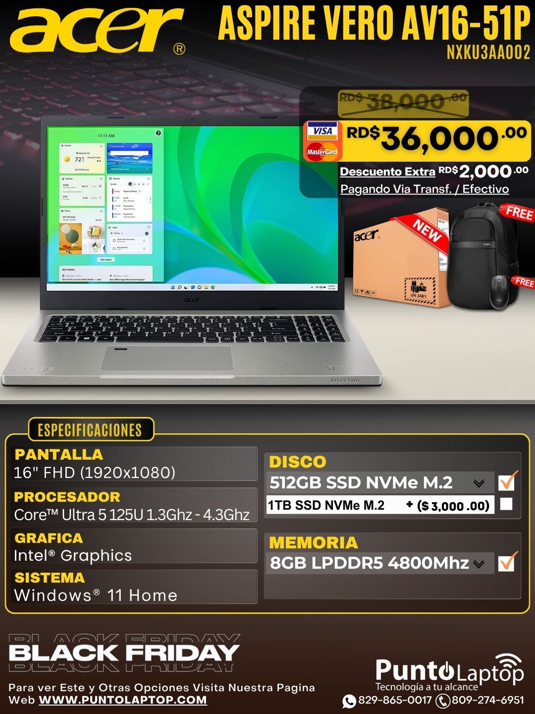 Acer Aspire Vero AV16-51P-58KU 16" FHD Core™ Ultra 5 125U 512GB SSD 8GB W11 IRON Bcklt