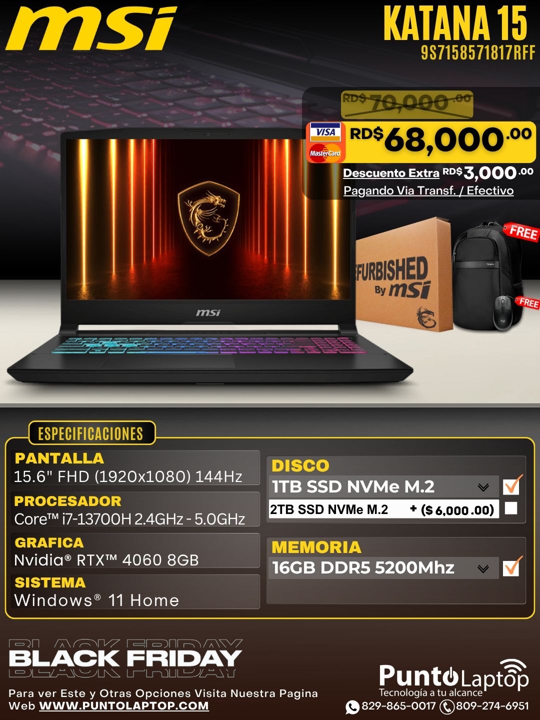❞𝐑𝐞𝐟𝐮𝐫𝐛𝐢𝐬𝐡𝐞𝐝❞ MSI KATANA 15 15.6" FHD 144Hz IPS Core™ i7-13620H 1TB SSD 16GB W11 RTX 4060 8GB BLACK RGB Bcklt
