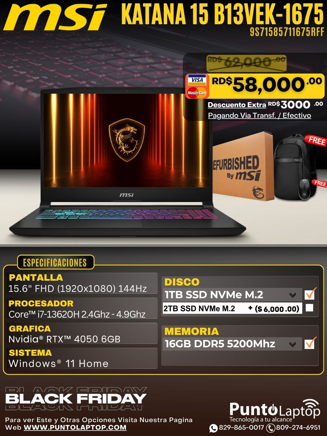 ❞𝐑𝐞𝐟𝐮𝐫𝐛𝐢𝐬𝐡𝐞𝐝❞ MSI KATANA 15 B13VEK-1675 15.6" FHD 144Hz IPS Core™ i7-13620H 1TB SSD 16GB W11 NVIDIA® RTX 4050 6GB BLACK RGB Bcklt
