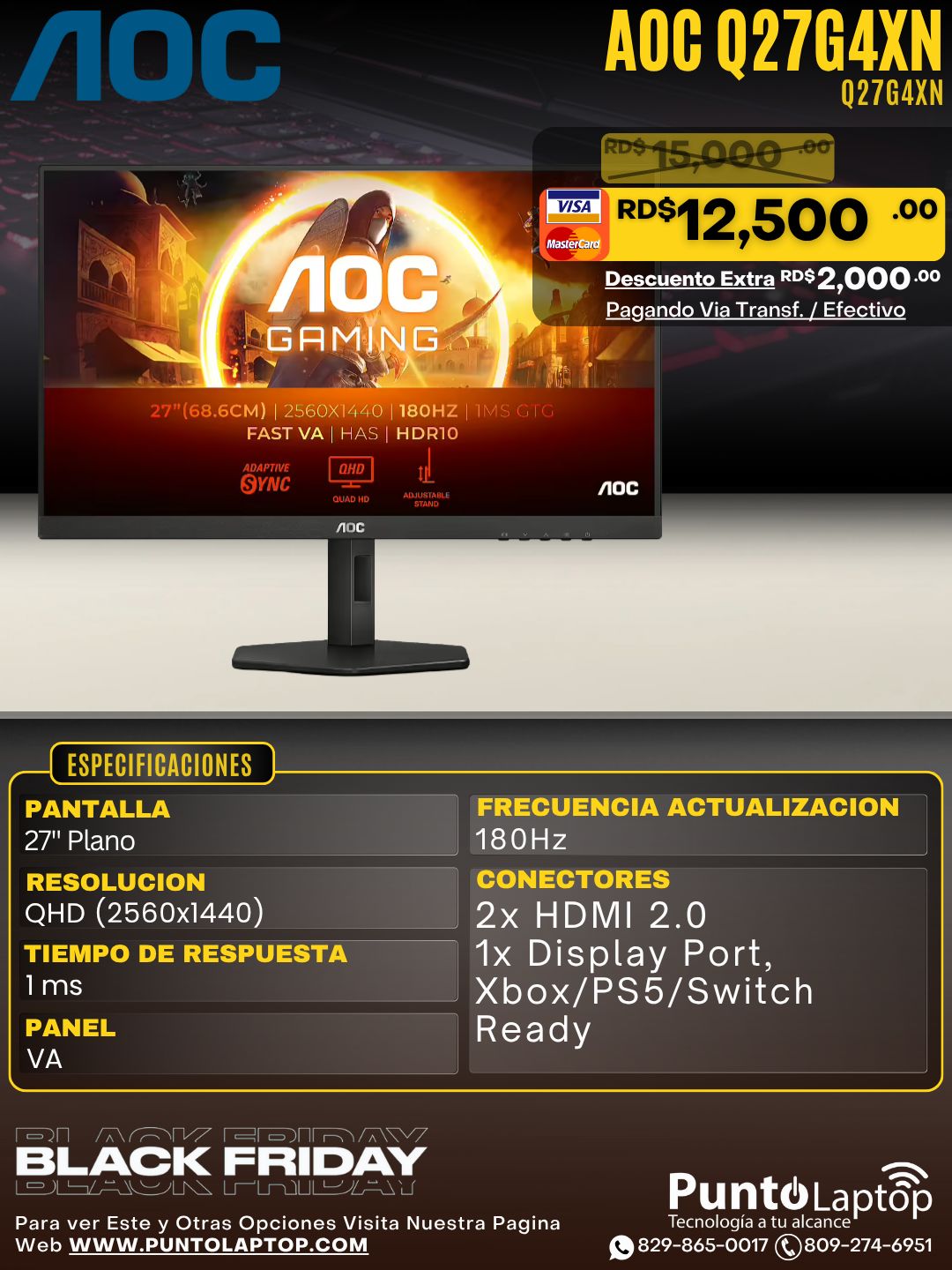 AOC Q27G4XN 27" Gaming Monitor 2K QHD 2560x1440 180Hz 1ms Adaptive-Sync