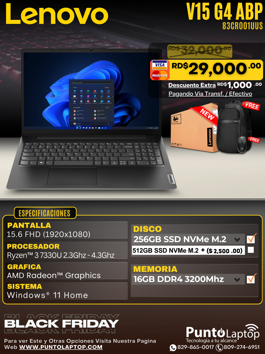 Lenovo V15 G4 ABP 15.6 FHD Ryzen™ 3 7330U 2.3GHz 256GB SSD 16GB W11 Black RJ-45