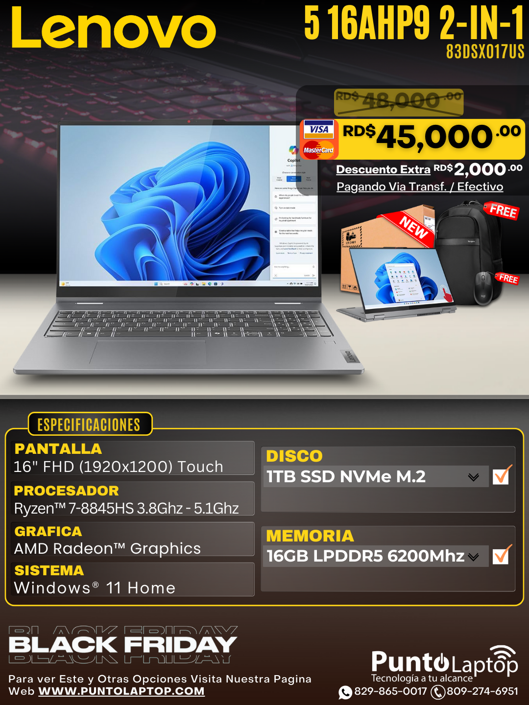 Lenovo 5 16AHP9 2-IN-1 16" WUXGA FHD Touch Ryzen™ 7 8845HS 1TB SSD 16GB W11 LUNA GREY Bcklt