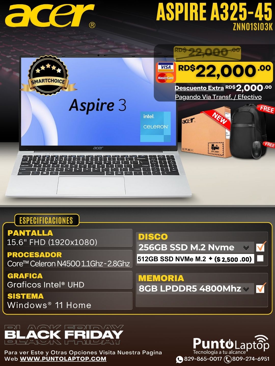 Acer Aspire A325-45 15.6" FHD Celeron N4500 256GB SSD 8GB W11 SILVER