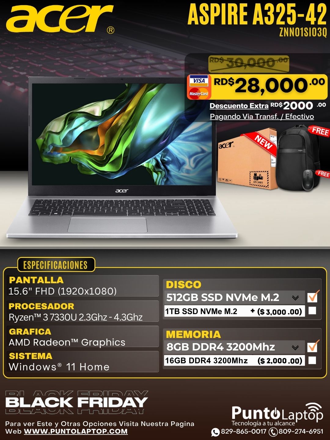 Acer Aspire A325-42 15.6" FHD IPS Ryzen™ 3 7330U 512GB SSD 8GB W11 SILVER