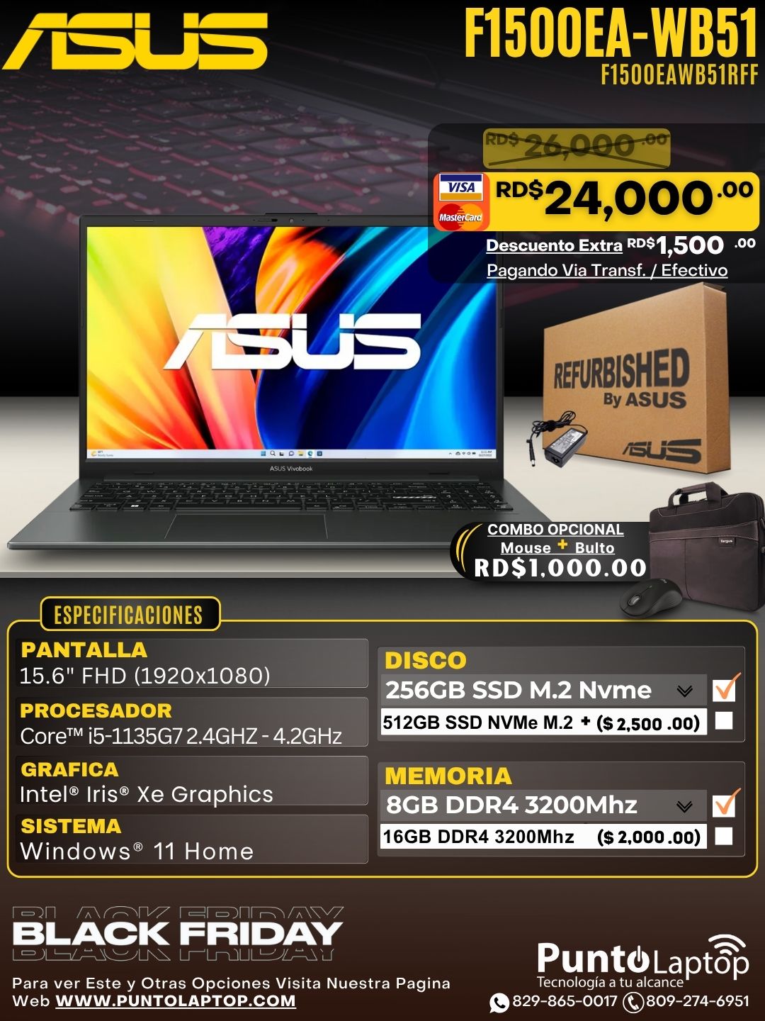 ❞𝐑𝐞𝐟𝐮𝐫𝐛𝐢𝐬𝐡𝐞𝐝❞ Asus VivoBook F1500EA-WB51 15.6" FHD Core™ i5-1135G7 256GB SSD 8GB W11 BLACK