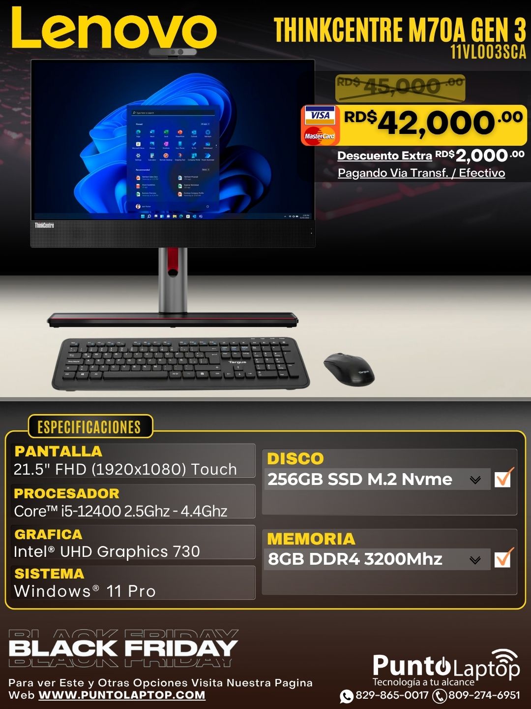 Lenovo ThinkCentre M70a Gen 3 ALL-IN-ONE 21.5" FHD Touch Core™ i5-12400 256GB SSD 8GB DVD-RW W11 Pro BLACK Keyboard Mouse