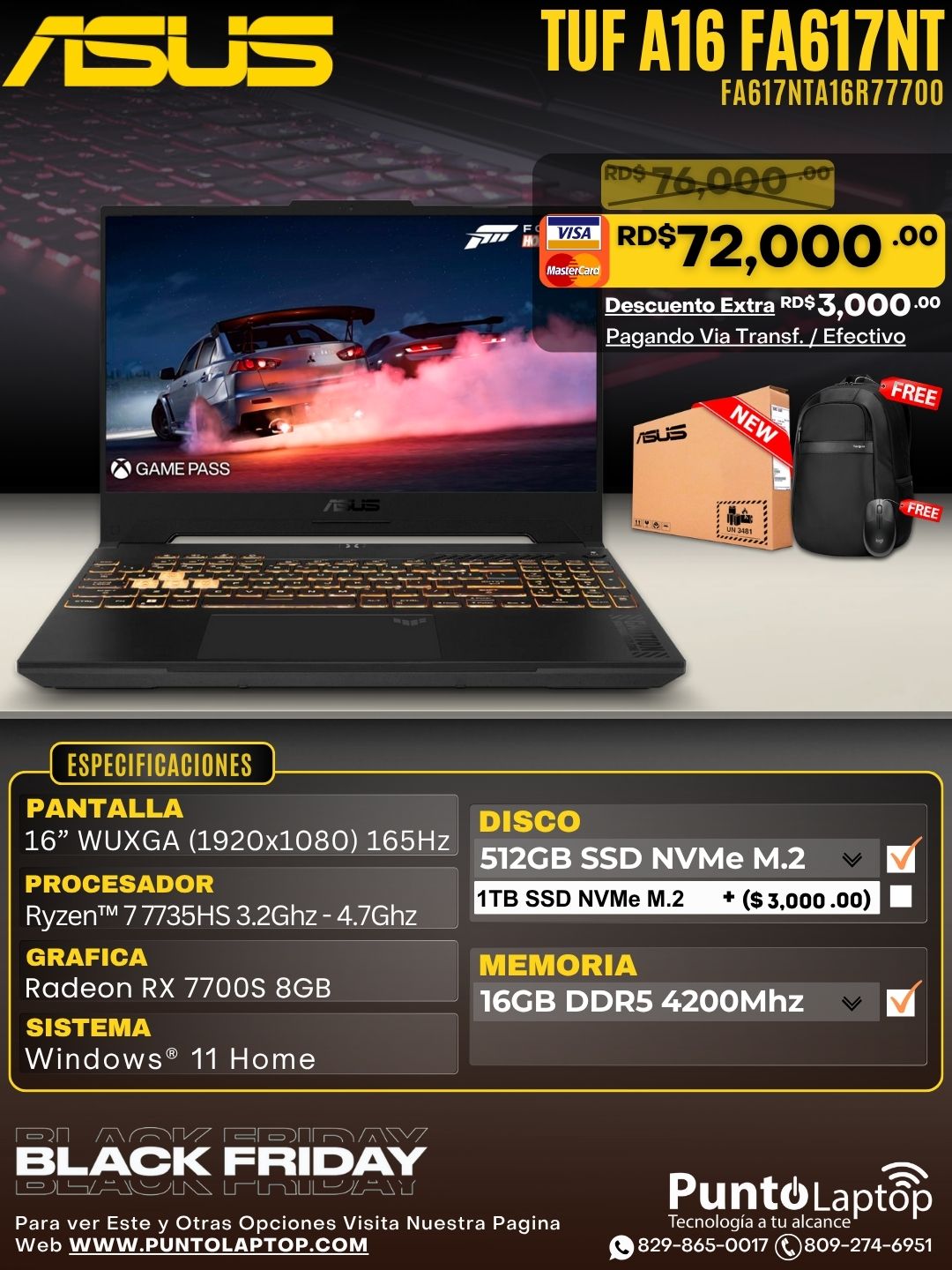Asus TUF A16 FA617NT 16" WUXGA 165Hz Ryzen™ 7 7735HS 512GB SSD 16GB Radeon RX 7700S 8GB W11