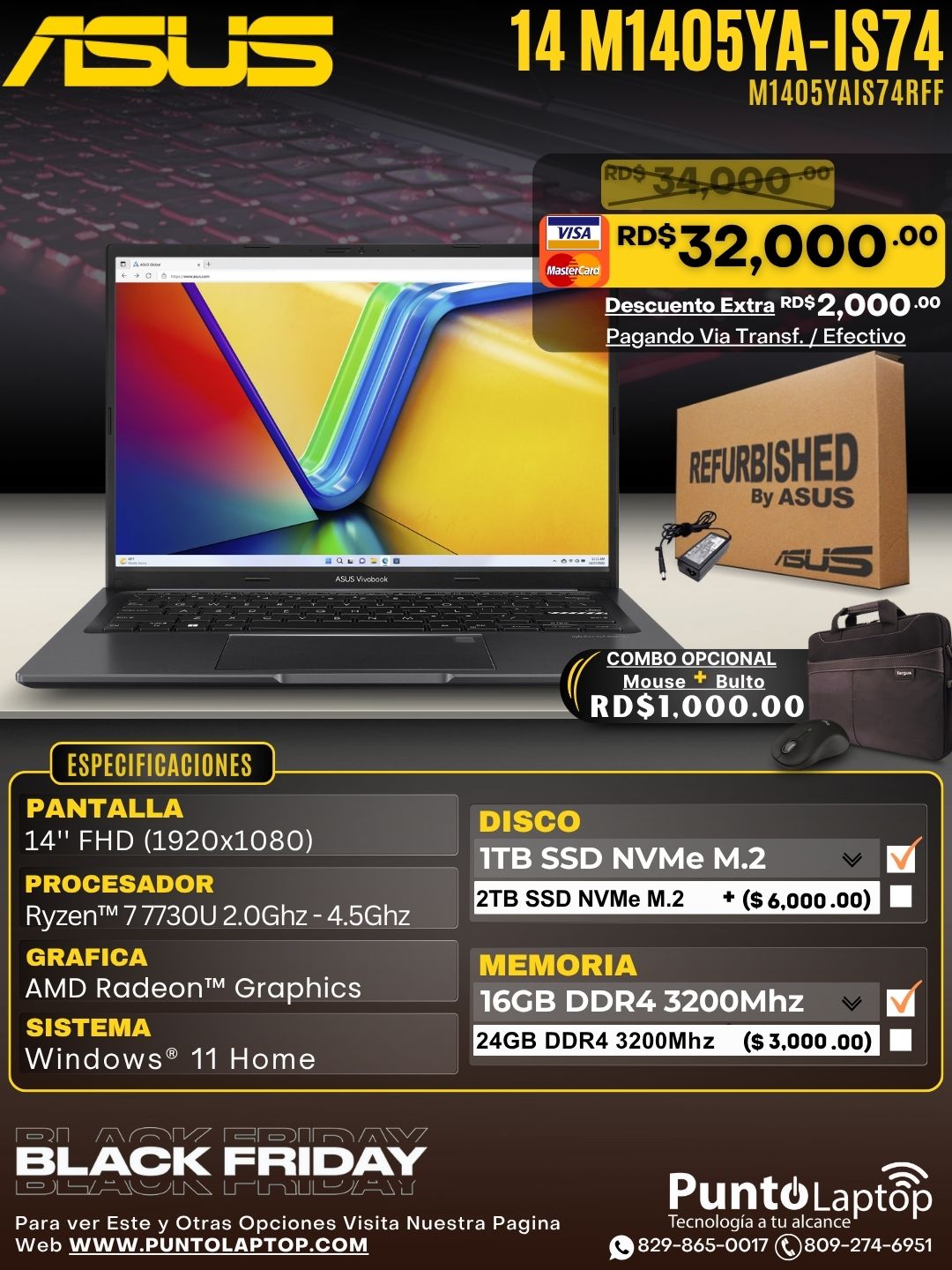 ❞𝐑𝐞𝐟𝐮𝐫𝐛𝐢𝐬𝐡𝐞𝐝❞ Asus VivoBook 14 M1405YA-IS74 14” WUXGA FHD Ryzen™ 7 7730U 1TB SSD 16GB W11 BLACK