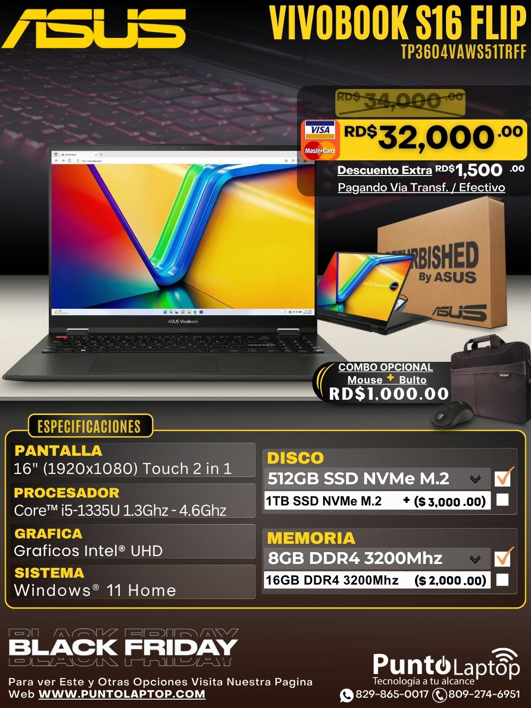 ❞𝐑𝐞𝐟𝐮𝐫𝐛𝐢𝐬𝐡𝐞𝐝❞ Asus VivoBook S16 FLIP 16" FHD Touch Core™ i5 1335U 512GB SSD 8GB W11 BLACK Bcklt