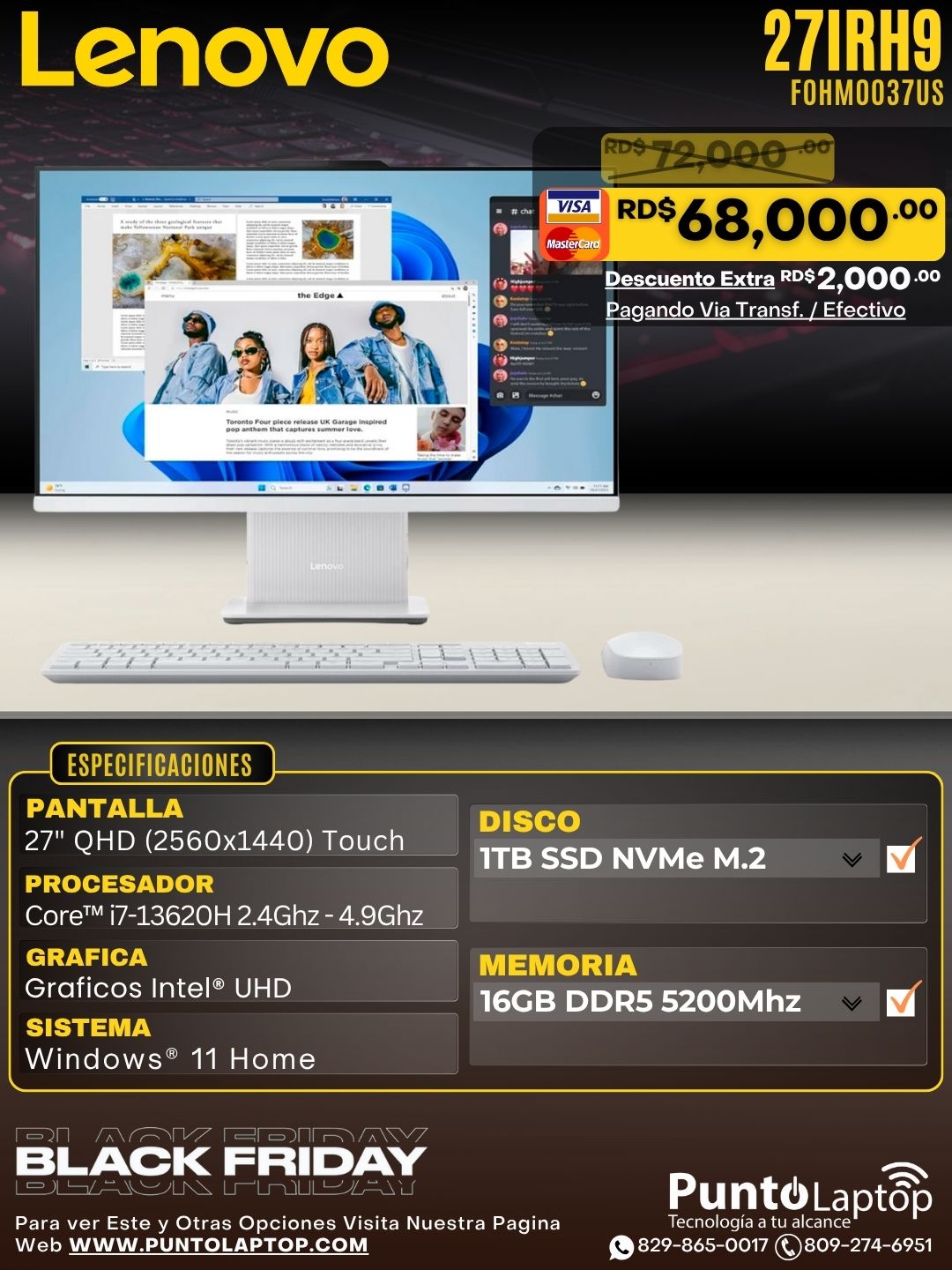 Lenovo 27IRH9 ALL-IN-ONE 27" QHD (2560x1440) Touch Core™ i7-13620H 1TB SSD 16GB W11 GRAY Keyboard Mouse