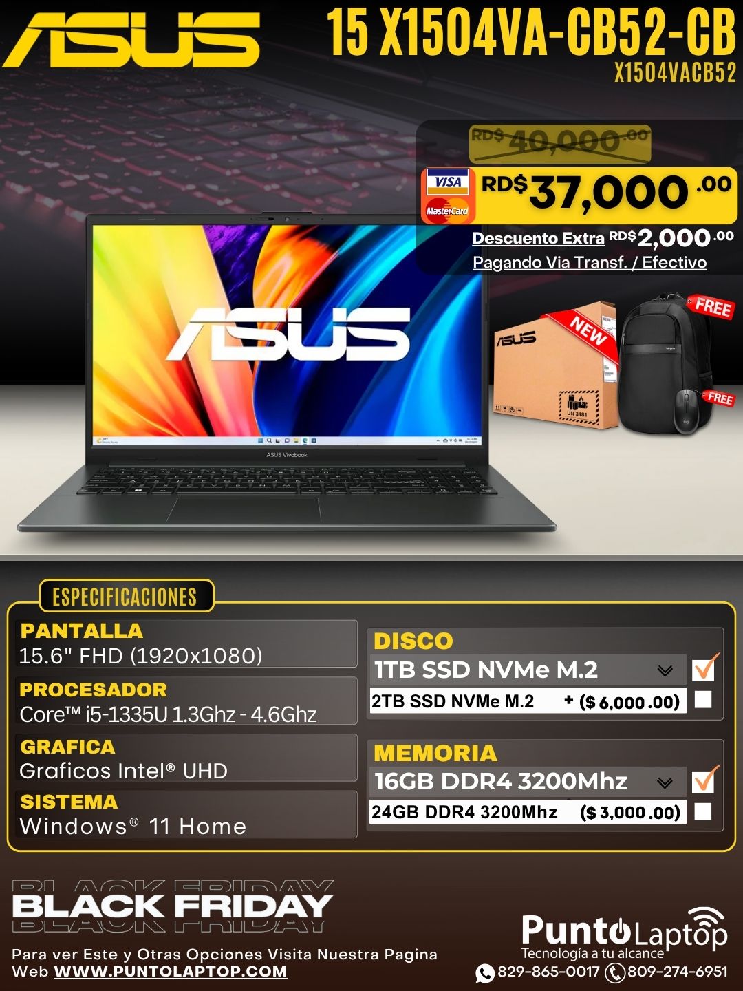 Asus Vivobook 15 X1504VA-CB52-CB 15.6" FHD Core™ i5-1335U 1TB SSD 16GB W11 BLACK Bcklt