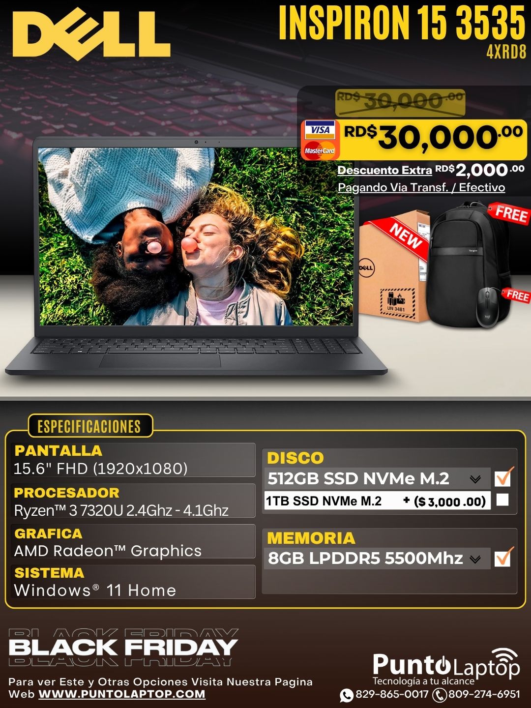 Dell Inspiron 15 3535 15.6" FHD 120Hz Ryzen™ 3 7320U 512GB SSD 8GB W11 CARBON BLACK