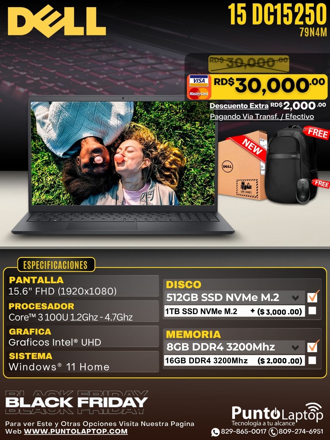 Dell 15 DC15250 15.6" FHD 120Hz IPS Core™ 3 100U 512GB SSD 8GB W11 CARBON BLACK