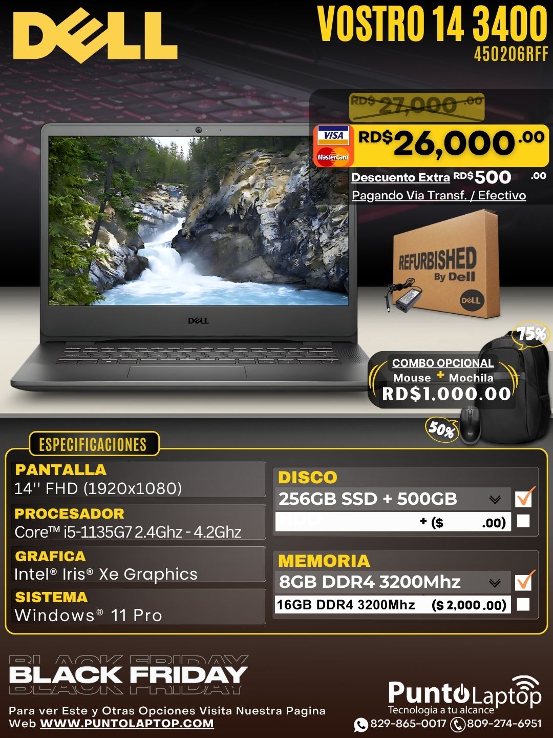 ❞𝐑𝐞𝐟𝐮𝐫𝐛𝐢𝐬𝐡𝐞𝐝❞ Dell Vostro 14 3400 14" FHD Core™ i5-1135G7 500GB+256GB SSD 8GB W10 Pro BLACK