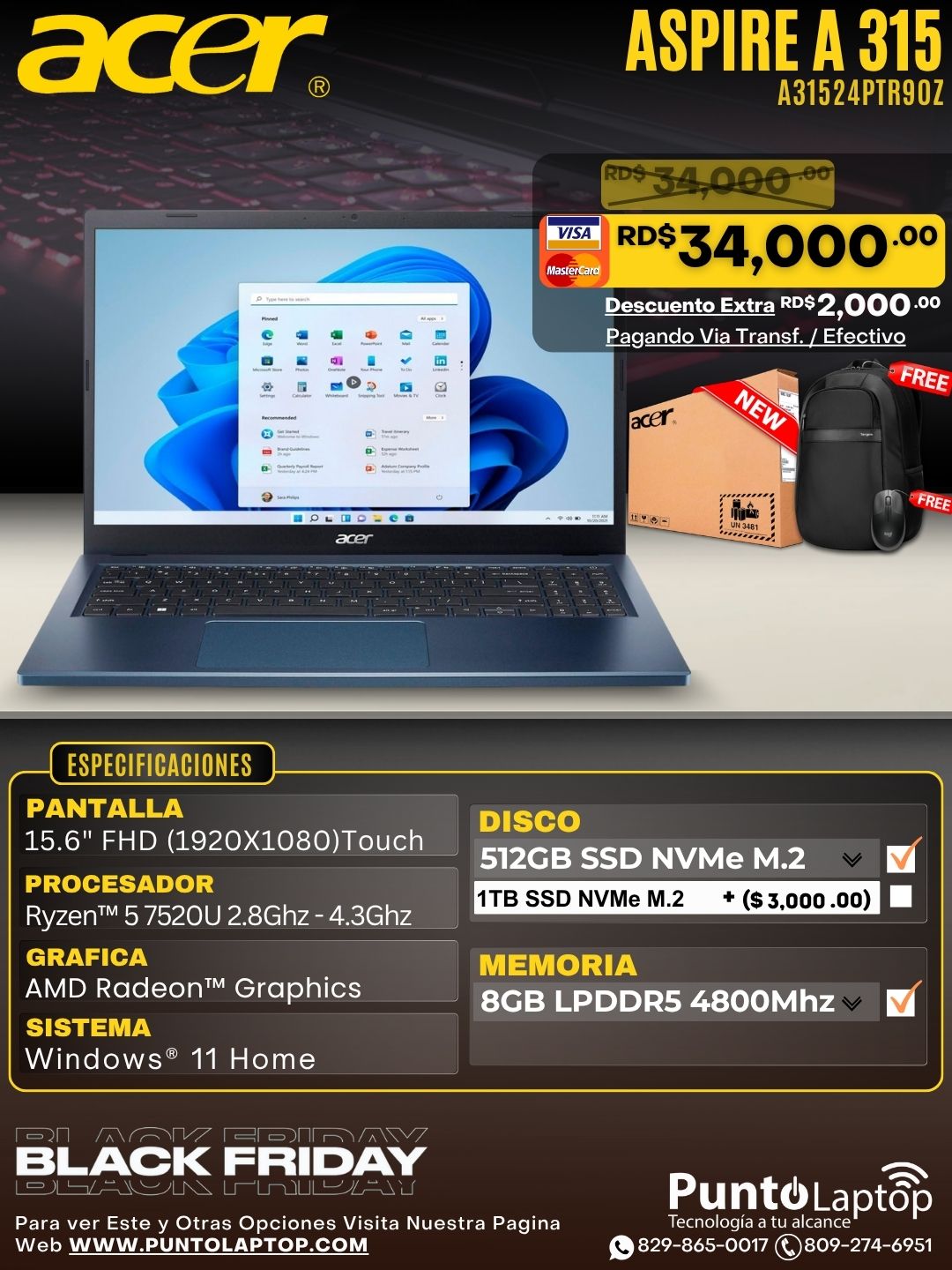 Acer Aspire A 315 15.6" FHD Touch Ryzen™ 5 7520U 512GB SSD 8GB W11 Steam Blue