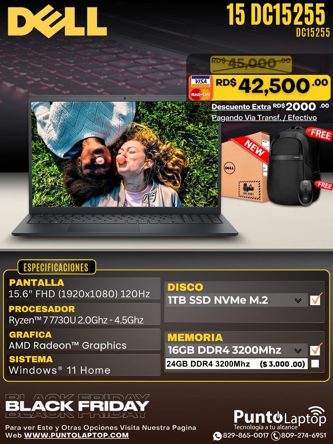 Dell 15 DC15255 15.6" FHD 120Hz IPS Ryzen™ 7 7730U 1TB SSD 16GB W11 BLACK